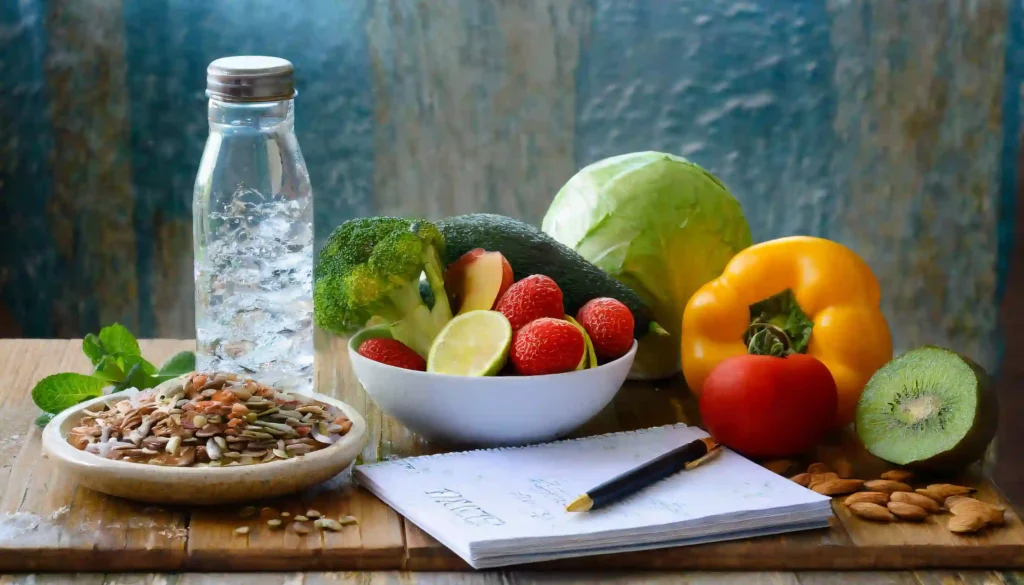 Hälsosam-mat-frukt-grönsaker-nötter-vatten-på-bordsskiva-kostschema